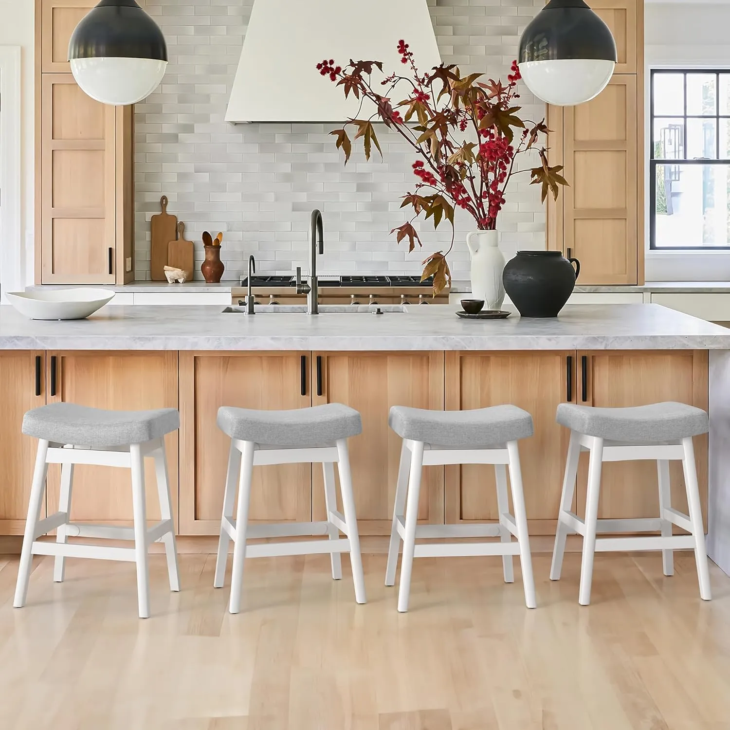 Bar Stools Set of 2, Barstools with Sturdy Wood Legs, Saddle Seat Counter Height Bar Stools for Kitchen Counter, Bar, Dining, 24 Inch Farmhouse Counter Stools, Light Gray Fabric