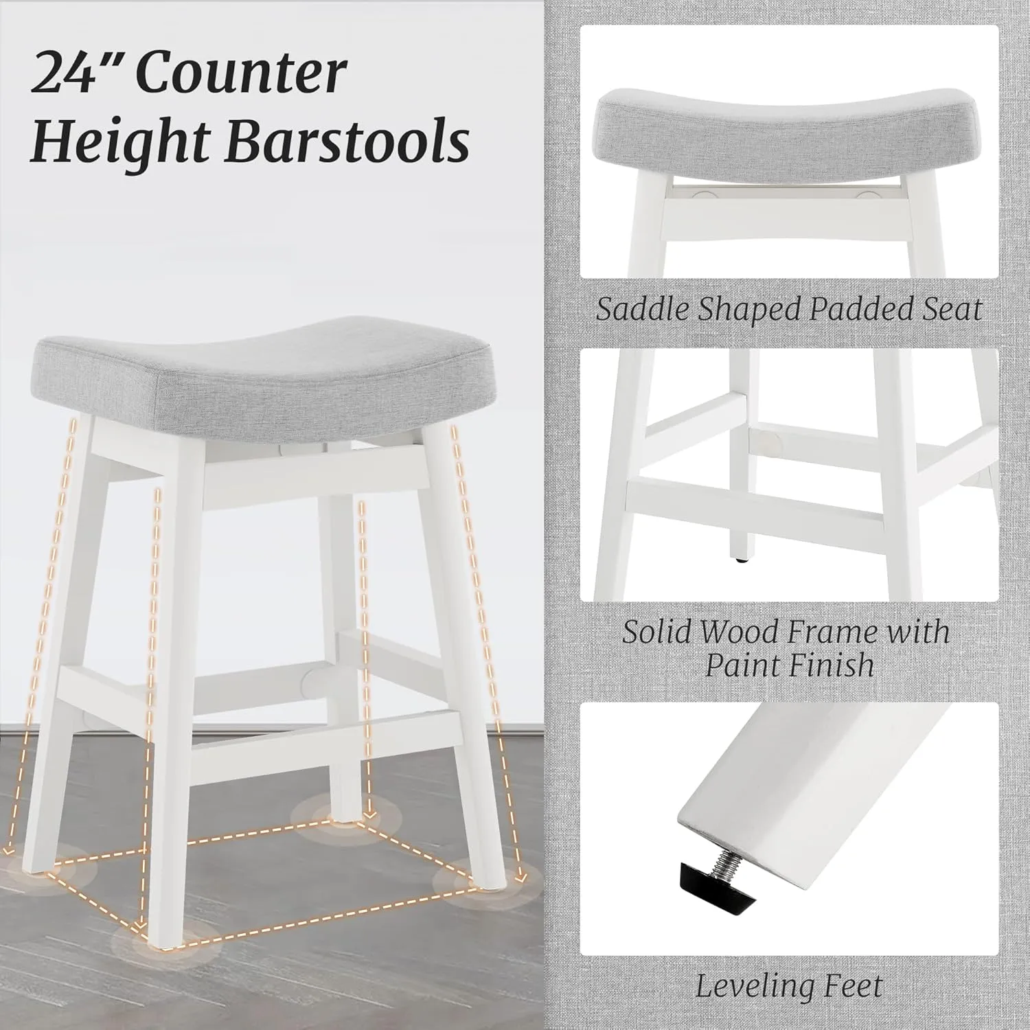 Bar Stools Set of 2, Barstools with Sturdy Wood Legs, Saddle Seat Counter Height Bar Stools for Kitchen Counter, Bar, Dining, 24 Inch Farmhouse Counter Stools, Light Gray Fabric