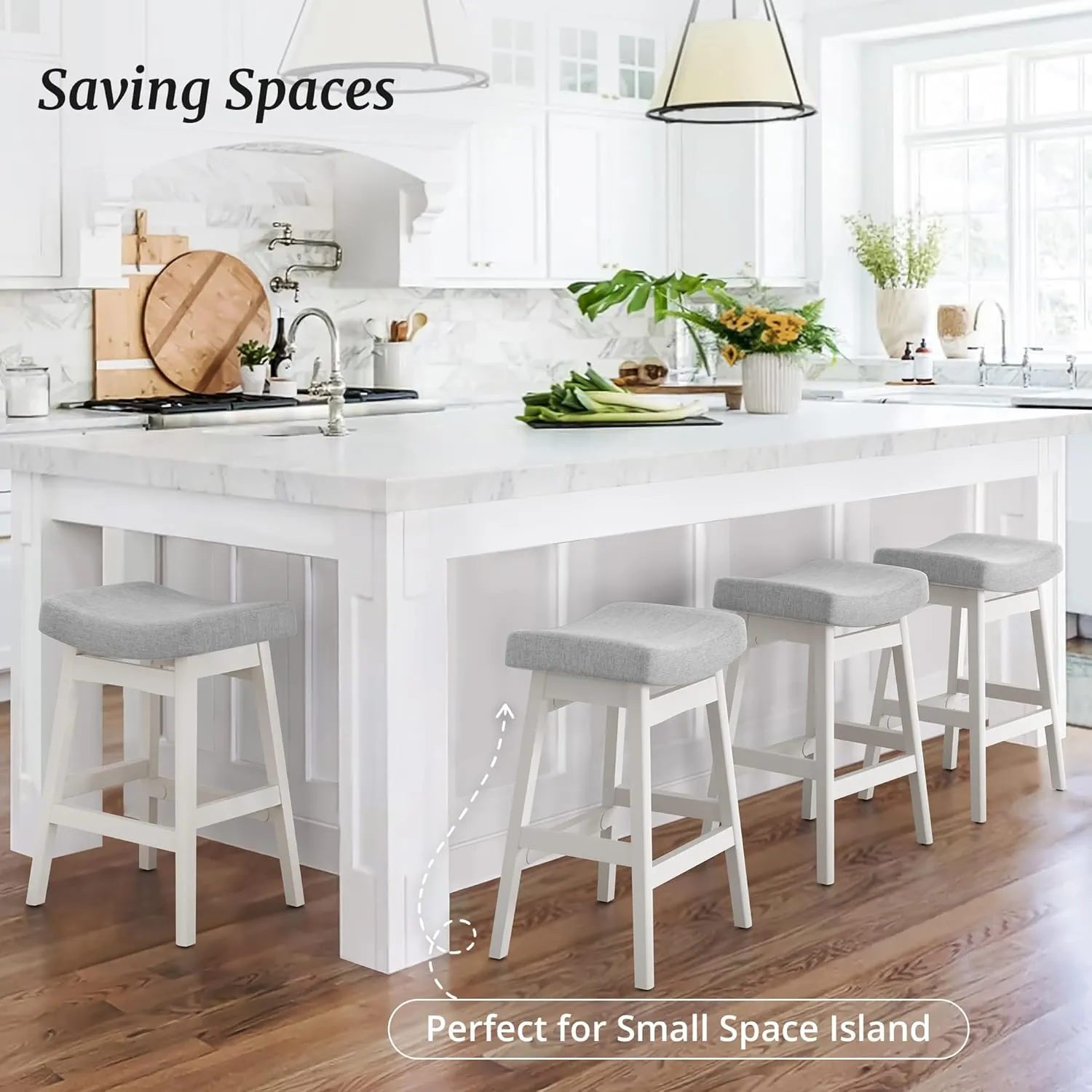 Bar Stools Set of 2, Barstools with Sturdy Wood Legs, Saddle Seat Counter Height Bar Stools for Kitchen Counter, Bar, Dining, 24 Inch Farmhouse Counter Stools, Light Gray Fabric