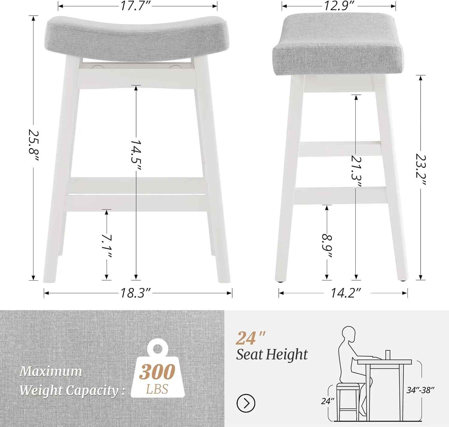 Bar Stools Set of 2, Barstools with Sturdy Wood Legs, Saddle Seat Counter Height Bar Stools for Kitchen Counter, Bar, Dining, 24 Inch Farmhouse Counter Stools, Light Gray Fabric