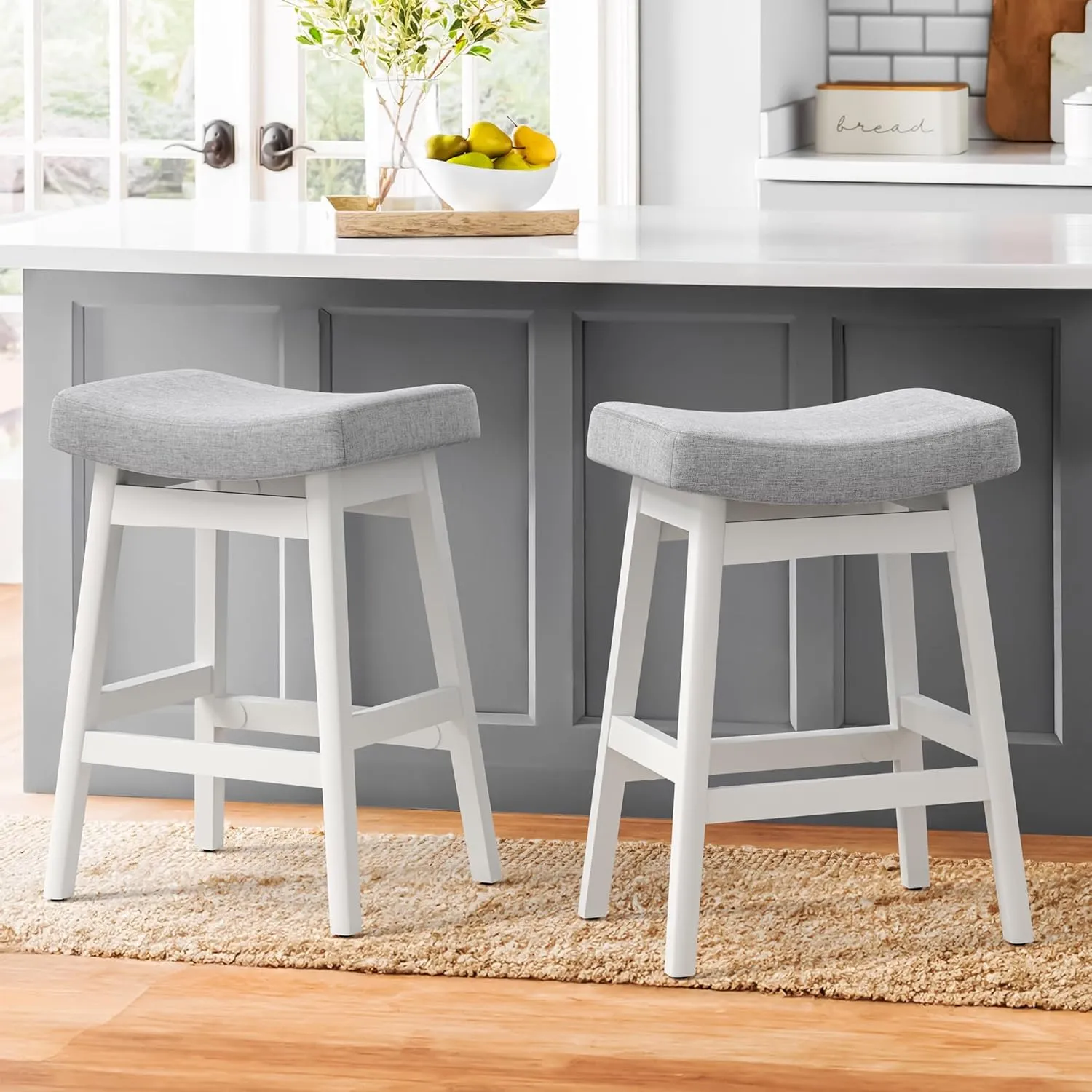 Bar Stools Set of 2, Barstools with Sturdy Wood Legs, Saddle Seat Counter Height Bar Stools for Kitchen Counter, Bar, Dining, 24 Inch Farmhouse Counter Stools, Light Gray Fabric