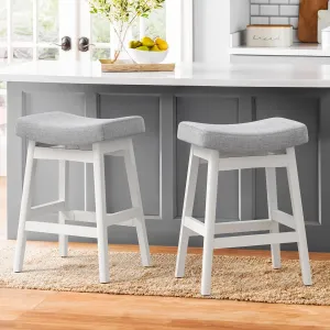 Bar Stools Set of 2, Barstools with Sturdy Wood Legs, Saddle Seat Counter Height Bar Stools for Kitchen Counter, Bar, Dining, 24 Inch Farmhouse Counter Stools, Light Gray Fabric
