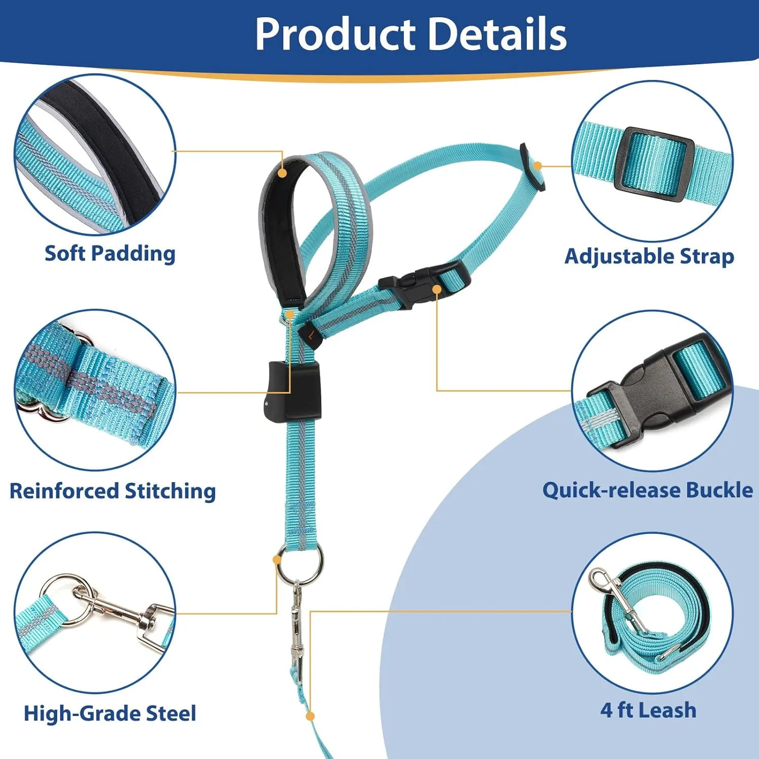 BARKLESS Dog Head Collar, Reflective Head Halter for Small Medium Large Dogs with Soft Padding, No Pull Mouth Harness with Training Leash, Adjustable Muzzle Leash for Gentle Walking