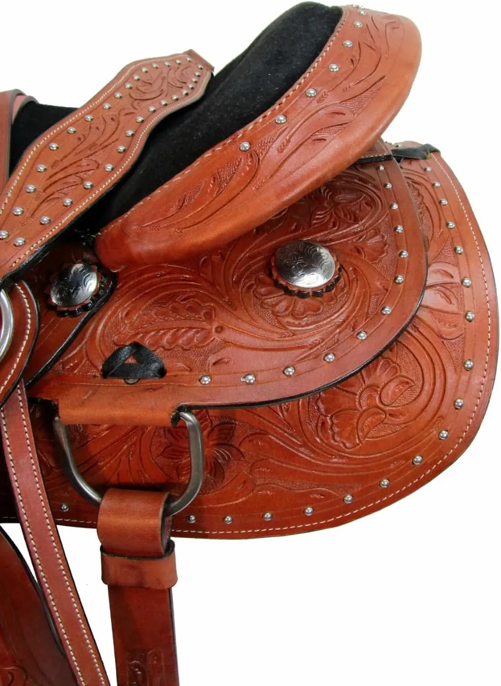 Barrel Brown Western Horse Trail Saddle Set Tooled Leather Horse Saddle with Headstall, Breast Collar Rodeo Cowboy Pleasure Riding Cowhide Comfortable Ride –