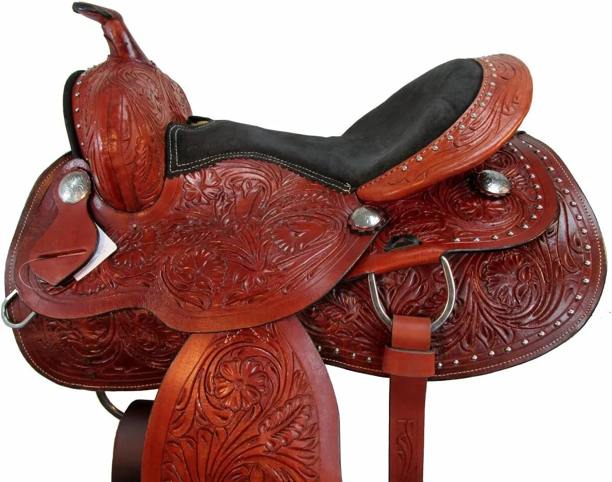 Barrel Brown Western Horse Trail Saddle Set Tooled Leather Horse Saddle with Headstall, Breast Collar Rodeo Cowboy Pleasure Riding Cowhide Comfortable Ride –