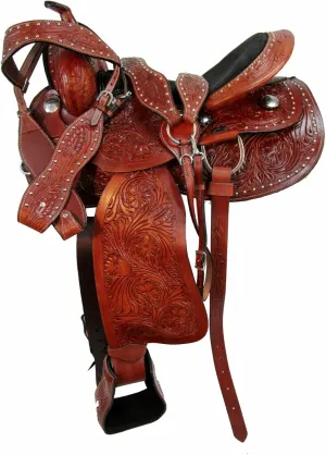 Barrel Brown Western Horse Trail Saddle Set Tooled Leather Horse Saddle with Headstall, Breast Collar Rodeo Cowboy Pleasure Riding Cowhide Comfortable Ride –
