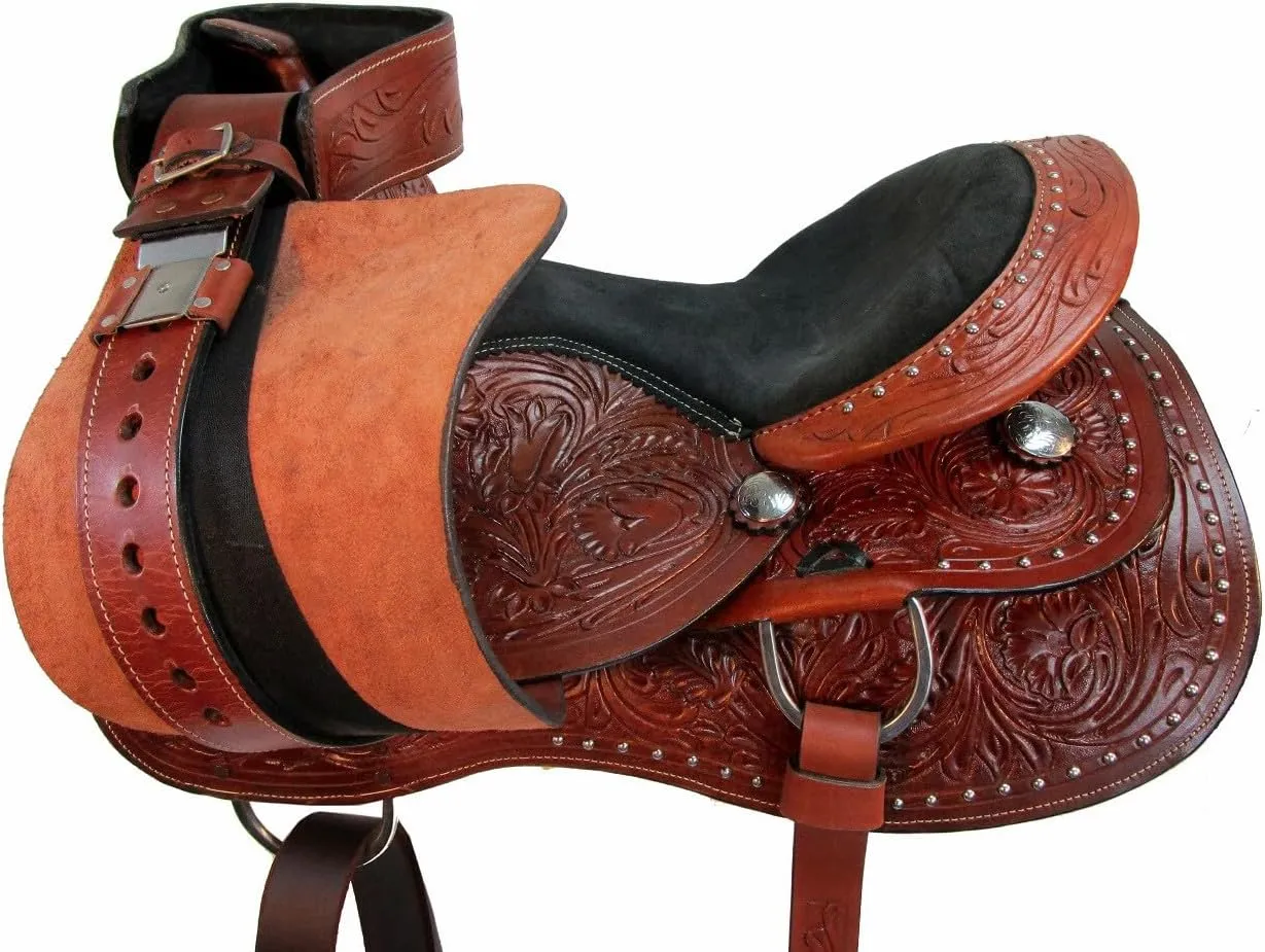 Barrel Brown Western Horse Trail Saddle Set Tooled Leather Horse Saddle with Headstall, Breast Collar Rodeo Cowboy Pleasure Riding Cowhide Comfortable Ride –