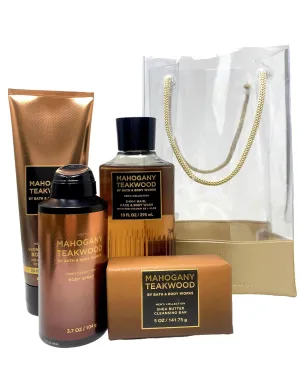 Bath and Body Work Mahogany Teakwood - Gift Bag Set - Body Cream, 3-in-1 Hair, Face & Body Wash, Body Spray and Cleansing Bar