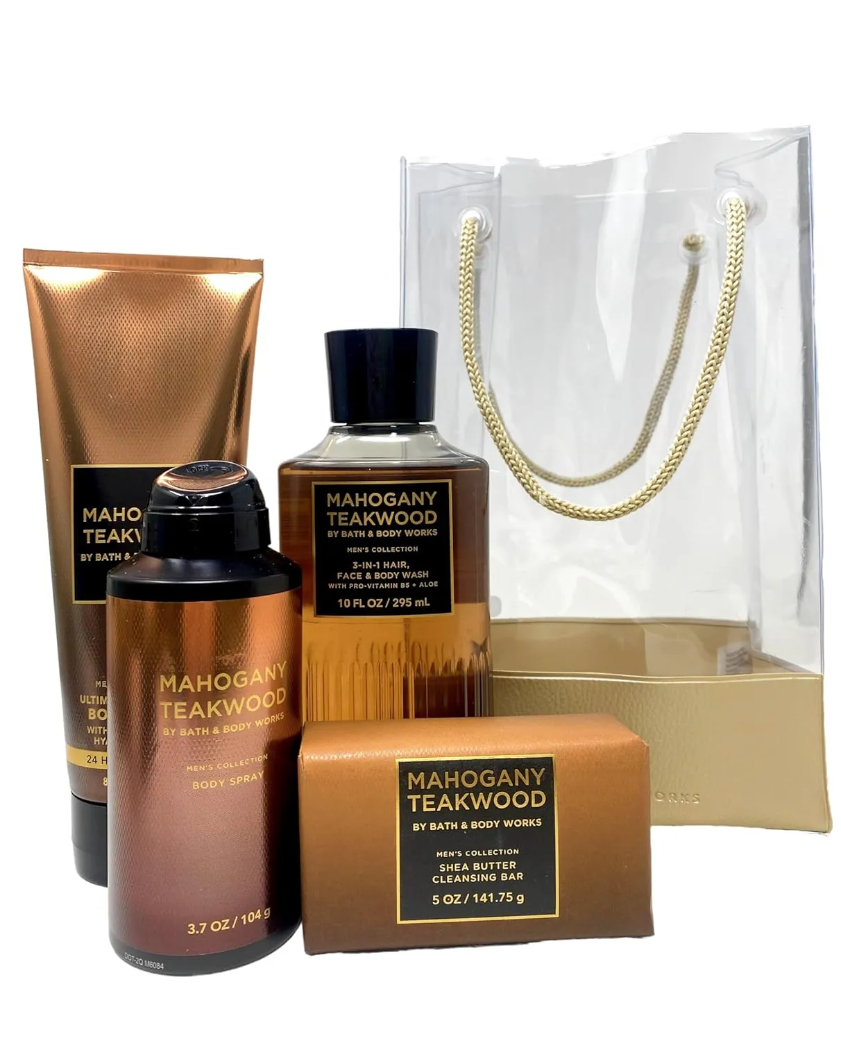 Bath and Body Work Mahogany Teakwood - Gift Bag Set - Body Cream, 3-in-1 Hair, Face & Body Wash, Body Spray and Cleansing Bar