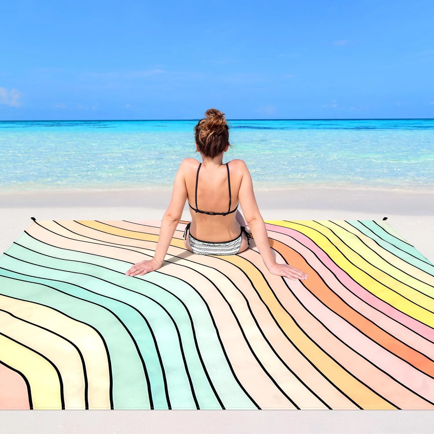 Beach Blanket, 78''×86'' Large Waterproof Sandproof Beach Mat for 2-4 Adults, Lightweight Compact Sand Free Outdoor Picnic Blanket with 4 Stakes & 4 Corner Pockets