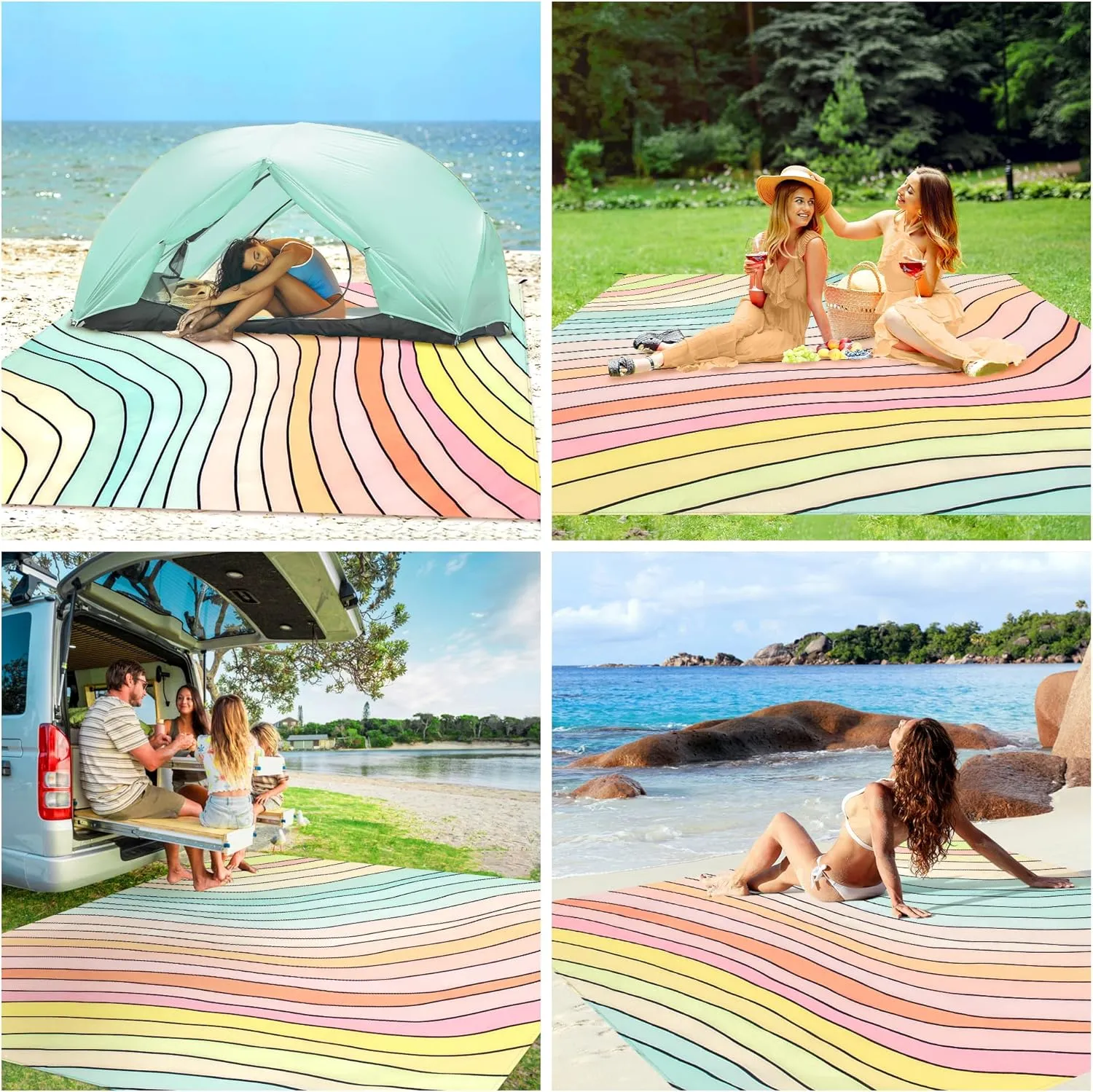 Beach Blanket, 78''×86'' Large Waterproof Sandproof Beach Mat for 2-4 Adults, Lightweight Compact Sand Free Outdoor Picnic Blanket with 4 Stakes & 4 Corner Pockets