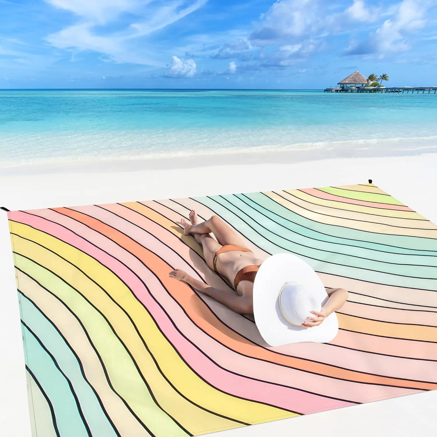 Beach Blanket, 78''×86'' Large Waterproof Sandproof Beach Mat for 2-4 Adults, Lightweight Compact Sand Free Outdoor Picnic Blanket with 4 Stakes & 4 Corner Pockets