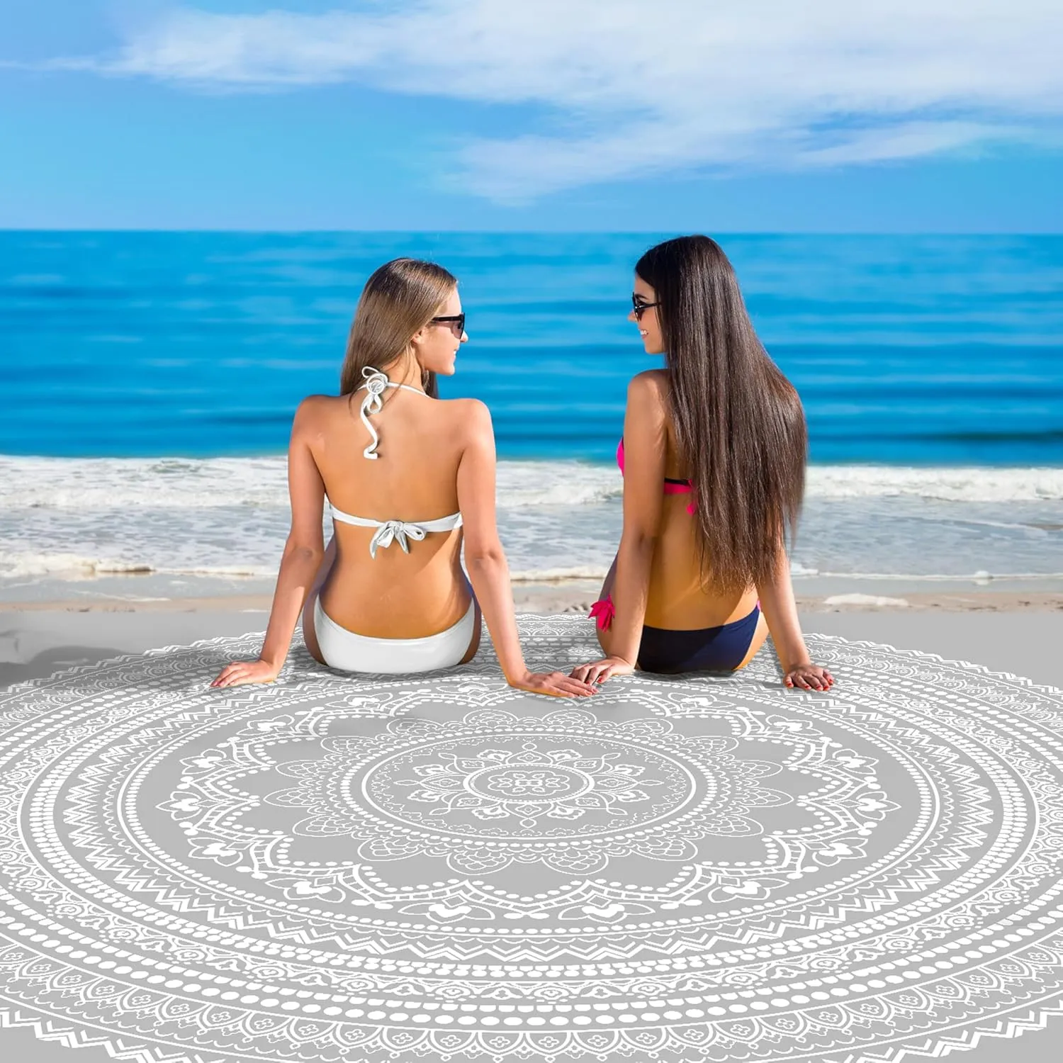 Beach Blanket Waterproof Sandproof, Large 78''×86'' Beach Mat for 1-4 Adults, Lightweight Compact & Quick Dry Sand Free Outdoor Picnic Blankets w/ 4 Stakes & 4 Corner Pockets-Grey Mandala Blossom