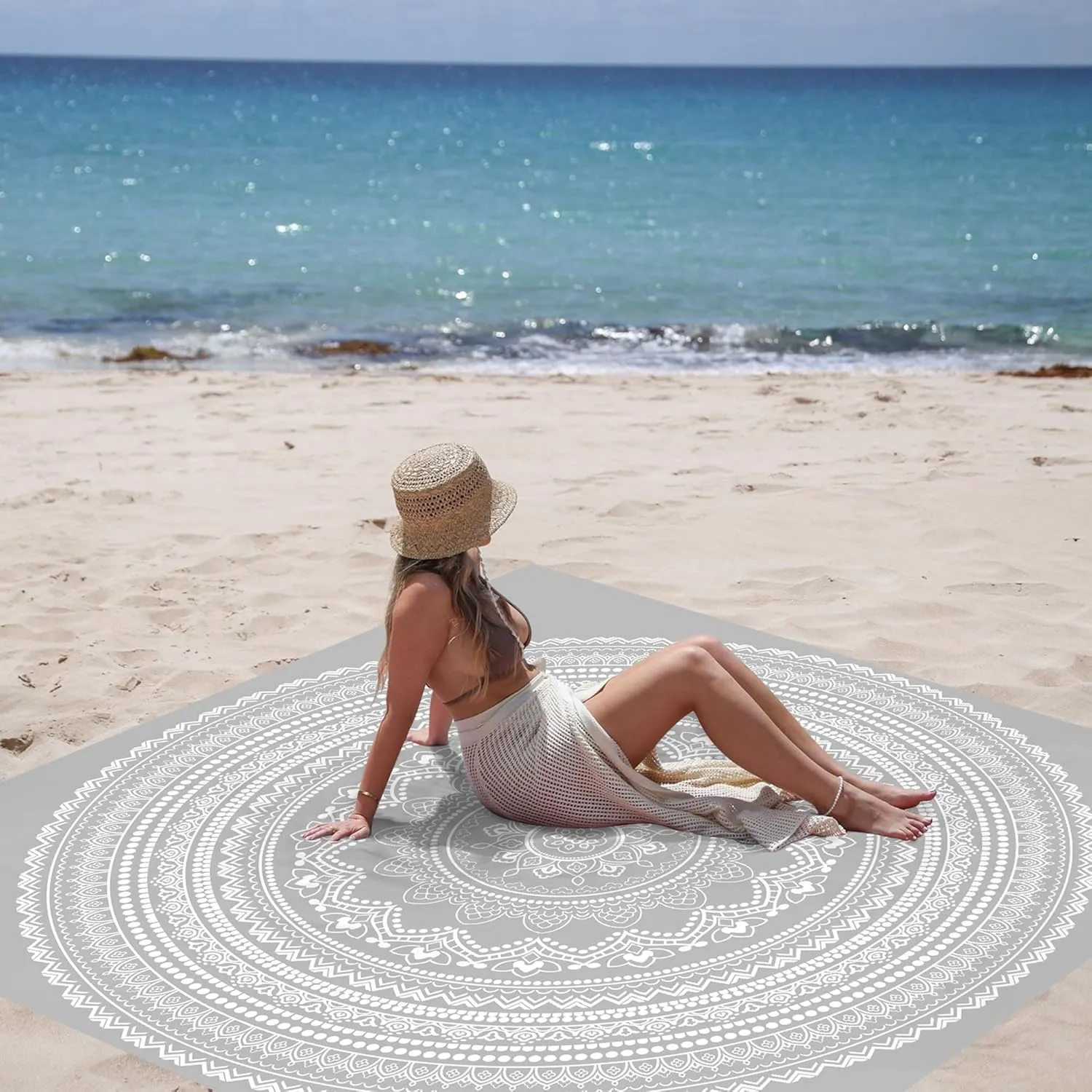 Beach Blanket Waterproof Sandproof, Large 78''×86'' Beach Mat for 1-4 Adults, Lightweight Compact & Quick Dry Sand Free Outdoor Picnic Blankets w/ 4 Stakes & 4 Corner Pockets-Grey Mandala Blossom