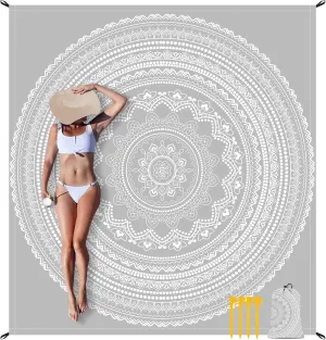 Beach Blanket Waterproof Sandproof, Large 78''×86'' Beach Mat for 1-4 Adults, Lightweight Compact & Quick Dry Sand Free Outdoor Picnic Blankets w/ 4 Stakes & 4 Corner Pockets-Grey Mandala Blossom