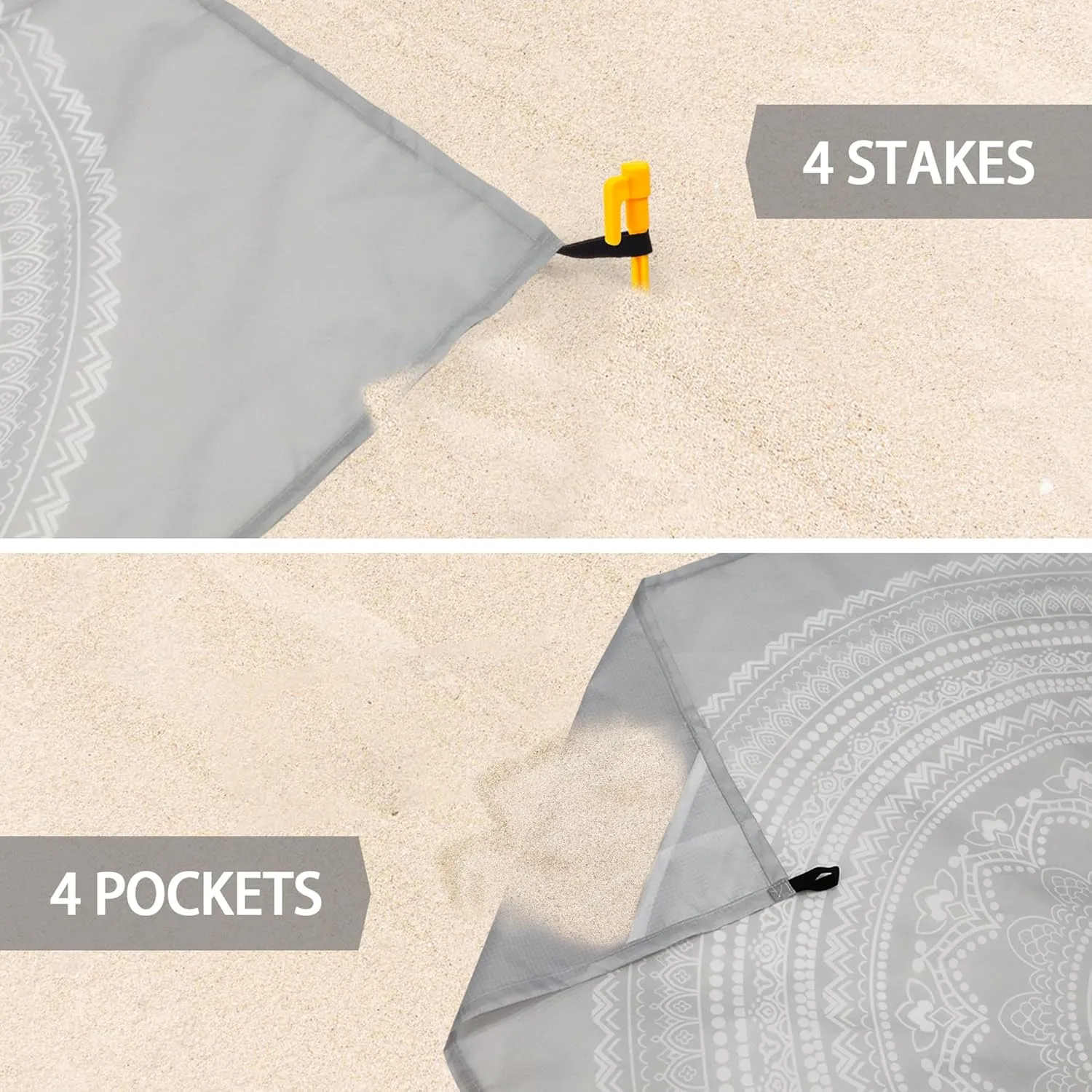 Beach Blanket Waterproof Sandproof, Large 78''×86'' Beach Mat for 1-4 Adults, Lightweight Compact & Quick Dry Sand Free Outdoor Picnic Blankets w/ 4 Stakes & 4 Corner Pockets-Grey Mandala Blossom