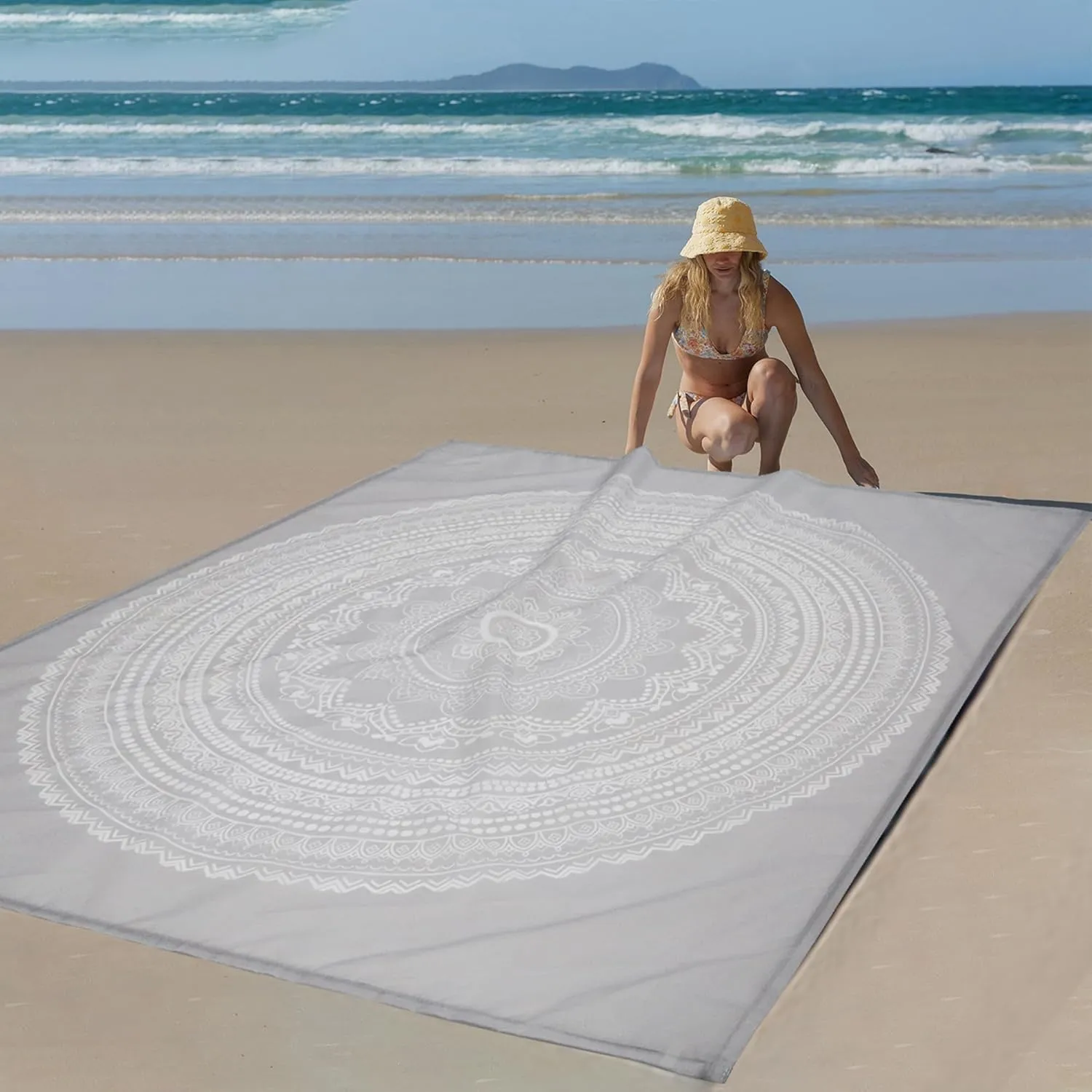 Beach Blanket Waterproof Sandproof, Large 78''×86'' Beach Mat for 1-4 Adults, Lightweight Compact & Quick Dry Sand Free Outdoor Picnic Blankets w/ 4 Stakes & 4 Corner Pockets-Grey Mandala Blossom