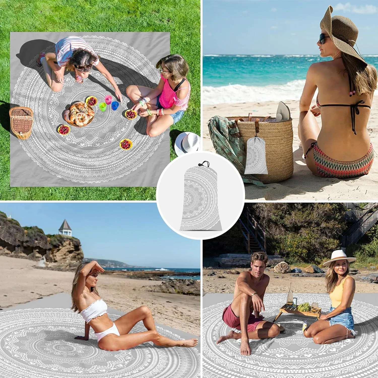 Beach Blanket Waterproof Sandproof, Large 78''×86'' Beach Mat for 1-4 Adults, Lightweight Compact & Quick Dry Sand Free Outdoor Picnic Blankets w/ 4 Stakes & 4 Corner Pockets-Grey Mandala Blossom