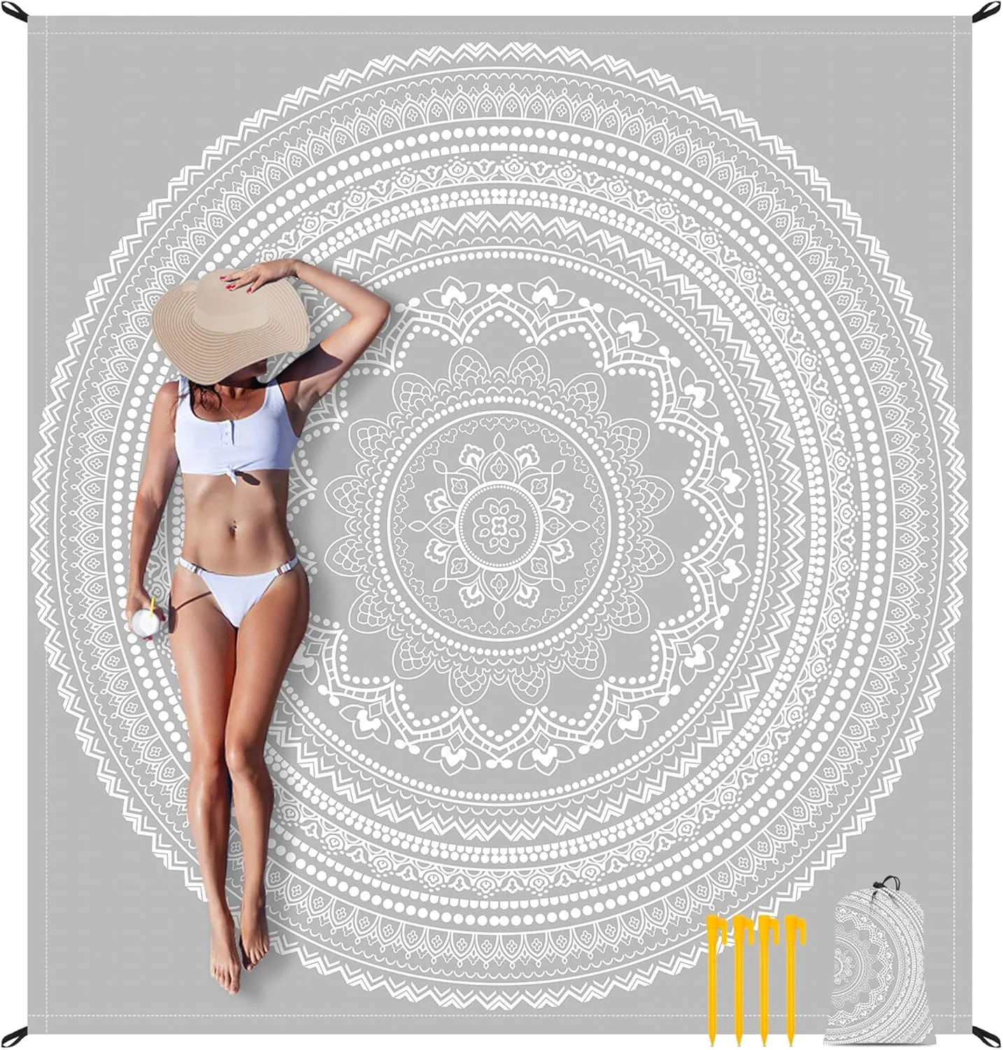 Beach Blanket Waterproof Sandproof, Large 78''×86'' Beach Mat for 1-4 Adults, Lightweight Compact & Quick Dry Sand Free Outdoor Picnic Blankets w/ 4 Stakes & 4 Corner Pockets-Grey Mandala Blossom