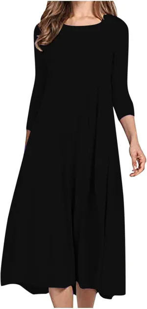 Beach Dresses for Women Long Sleeve Plain Crewneck Ruffle Maxi Dress Causal Fashion Fall Work Comfortable Sundress