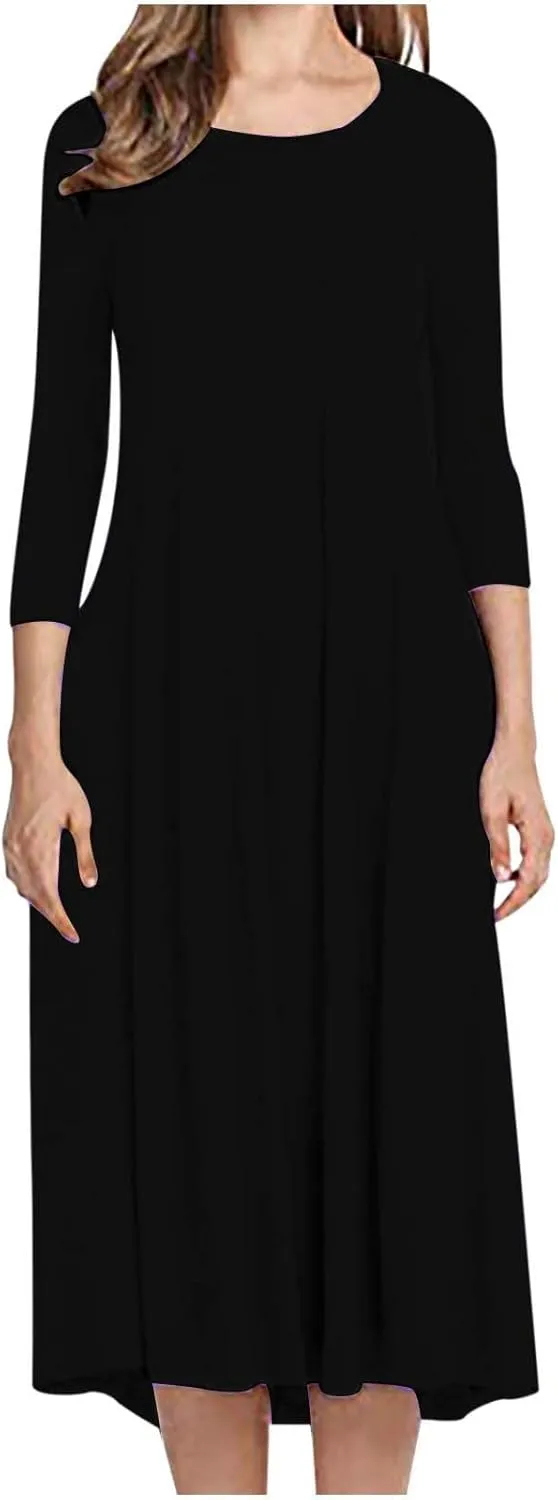 Beach Dresses for Women Long Sleeve Plain Crewneck Ruffle Maxi Dress Causal Fashion Fall Work Comfortable Sundress