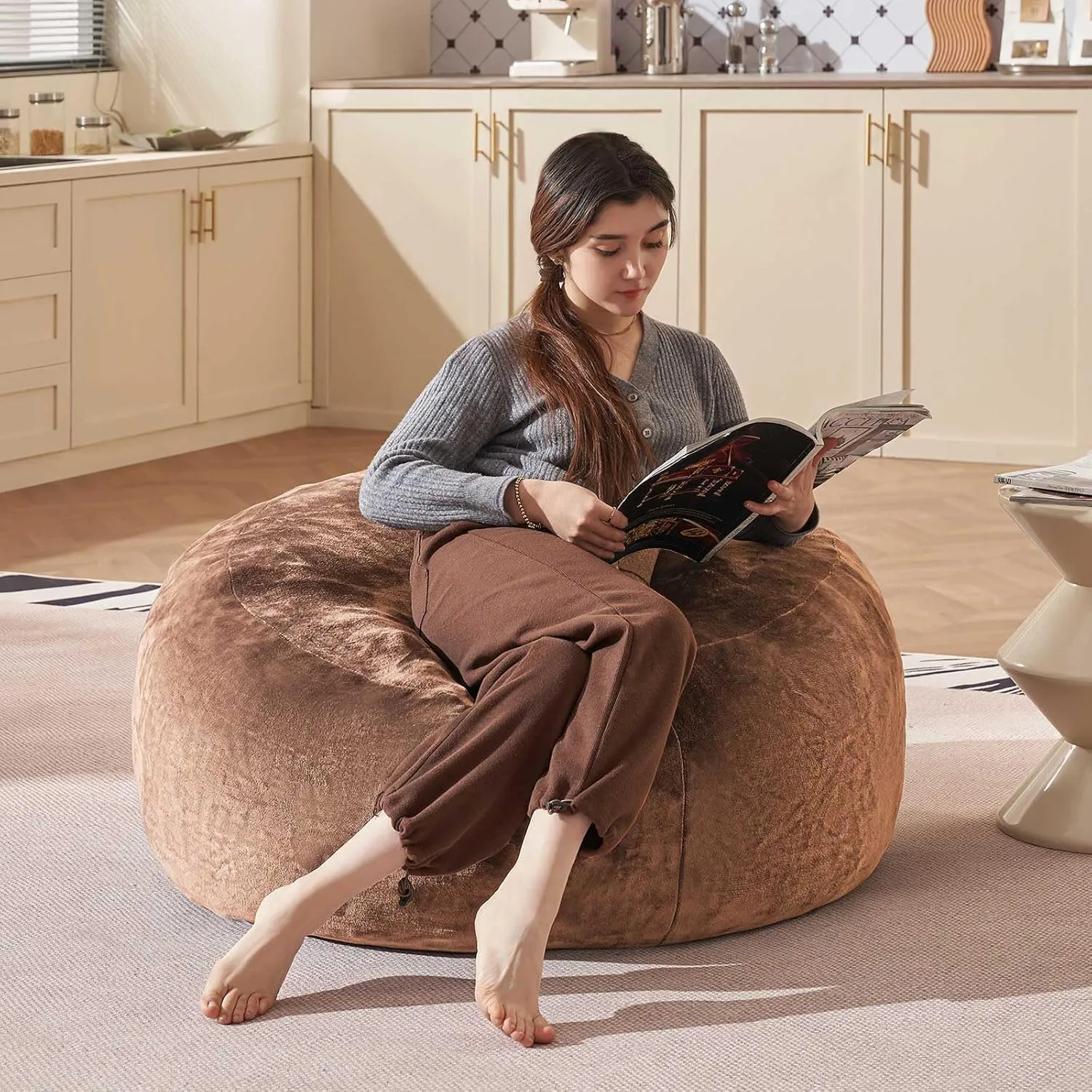 Bean Bag Chair 3Ft, Memory Foam Filled, Large Beanbag Chairs for Adults and Teens, Soft Sofa with Removable Flannel Cover, Round Couch for Living Room Bedroom College Dorm (Coffee, 3FT-36×36"×24")