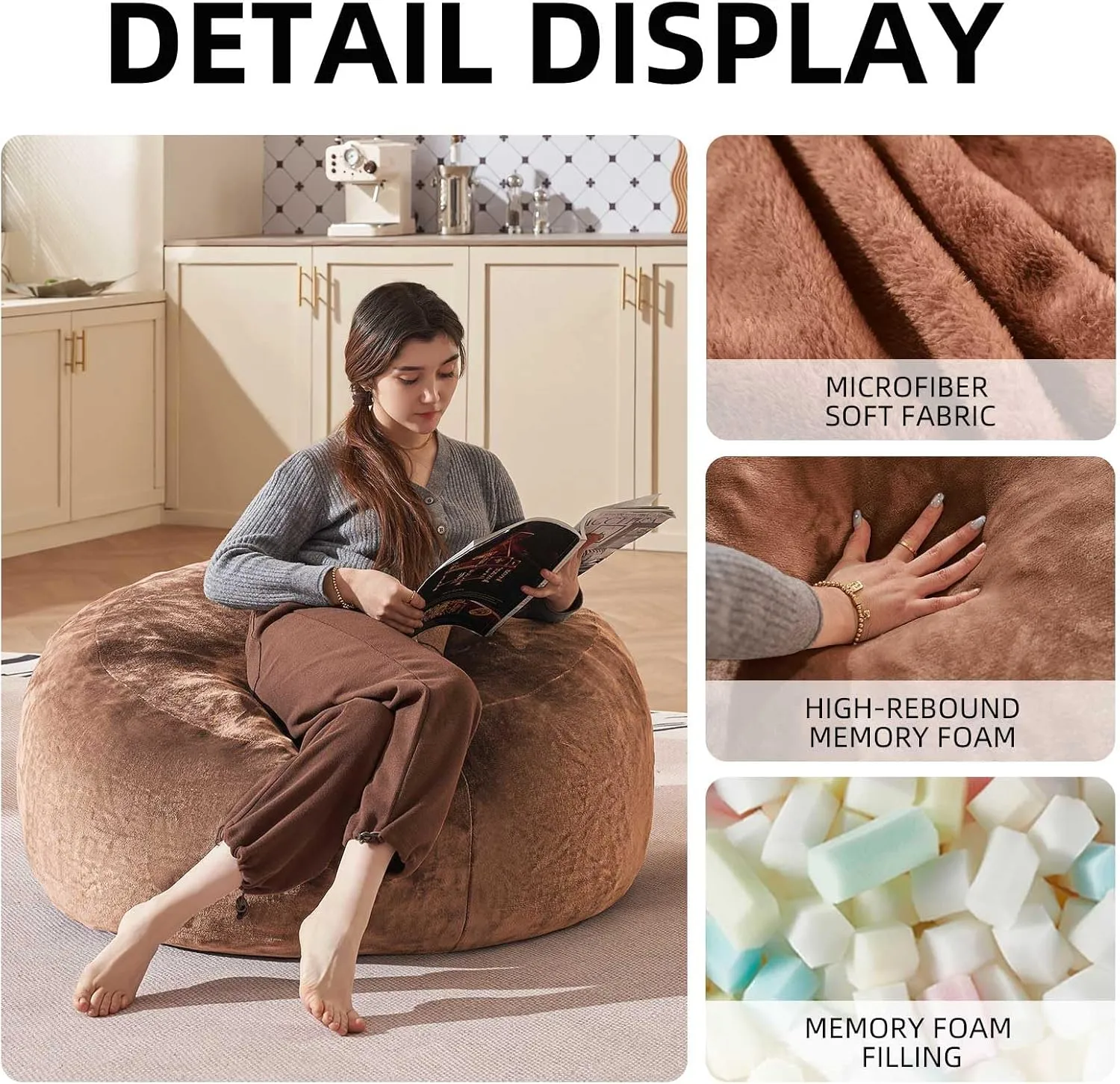 Bean Bag Chair 3Ft, Memory Foam Filled, Large Beanbag Chairs for Adults and Teens, Soft Sofa with Removable Flannel Cover, Round Couch for Living Room Bedroom College Dorm (Coffee, 3FT-36×36"×24")