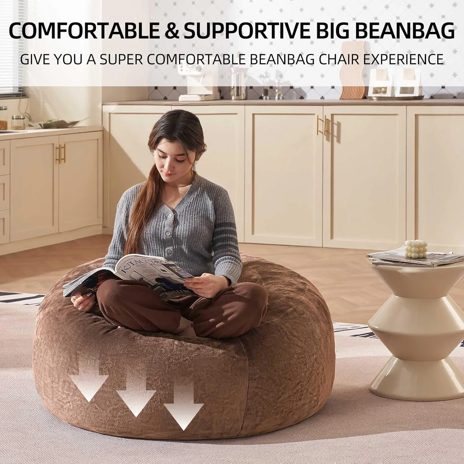 Bean Bag Chair 3Ft, Memory Foam Filled, Large Beanbag Chairs for Adults and Teens, Soft Sofa with Removable Flannel Cover, Round Couch for Living Room Bedroom College Dorm (Coffee, 3FT-36×36"×24")