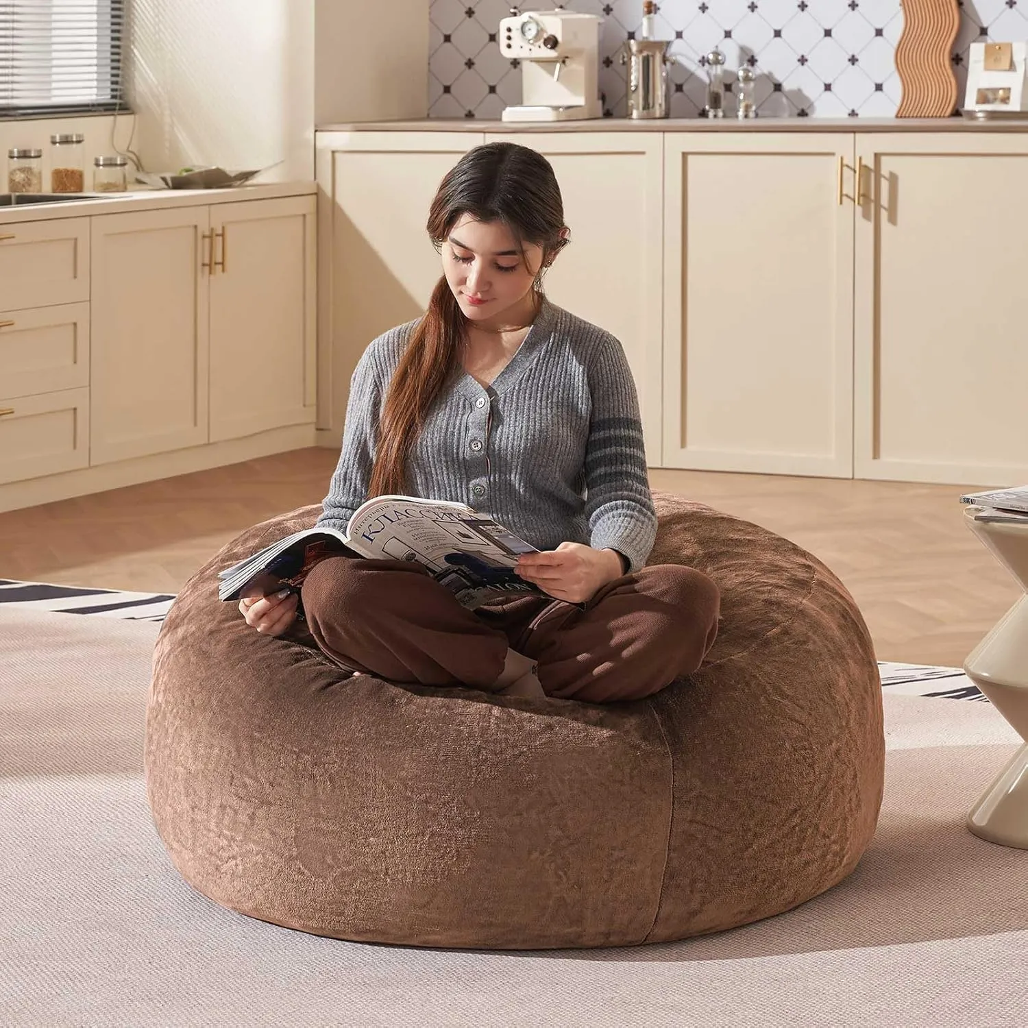 Bean Bag Chair 3Ft, Memory Foam Filled, Large Beanbag Chairs for Adults and Teens, Soft Sofa with Removable Flannel Cover, Round Couch for Living Room Bedroom College Dorm (Coffee, 3FT-36×36"×24")
