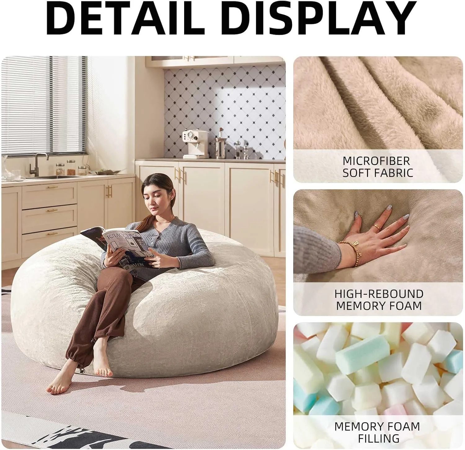 Bean Bag Chair 6Ft, Memory Foam Filled, Large Beanbag Chairs for Adults and Teens, Soft Sofa with Removable Flannel Cover, Round Couch for Living Room Bedroom College Dorm (Apricot, 6FT-67×67"×24")