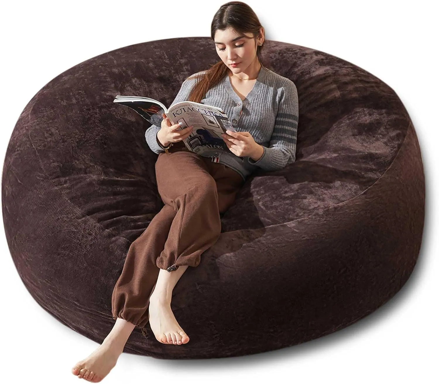 Bean Bag Chair 6Ft, Memory Foam Filled, Large Beanbag Chairs for Adults and Teens, Soft Sofa with Removable Flannel Cover, Round Couch for Living Room Bedroom College Dorm (Brown, 6FT-67×67"×24")