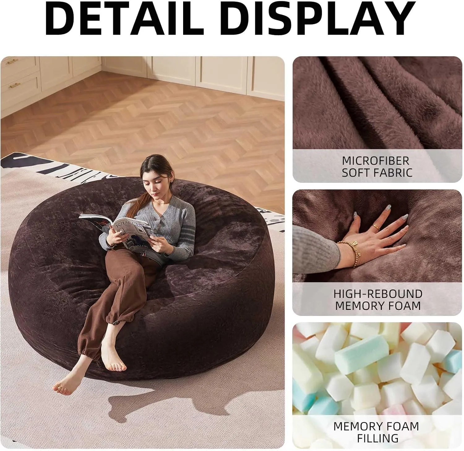 Bean Bag Chair 6Ft, Memory Foam Filled, Large Beanbag Chairs for Adults and Teens, Soft Sofa with Removable Flannel Cover, Round Couch for Living Room Bedroom College Dorm (Brown, 6FT-67×67"×24")