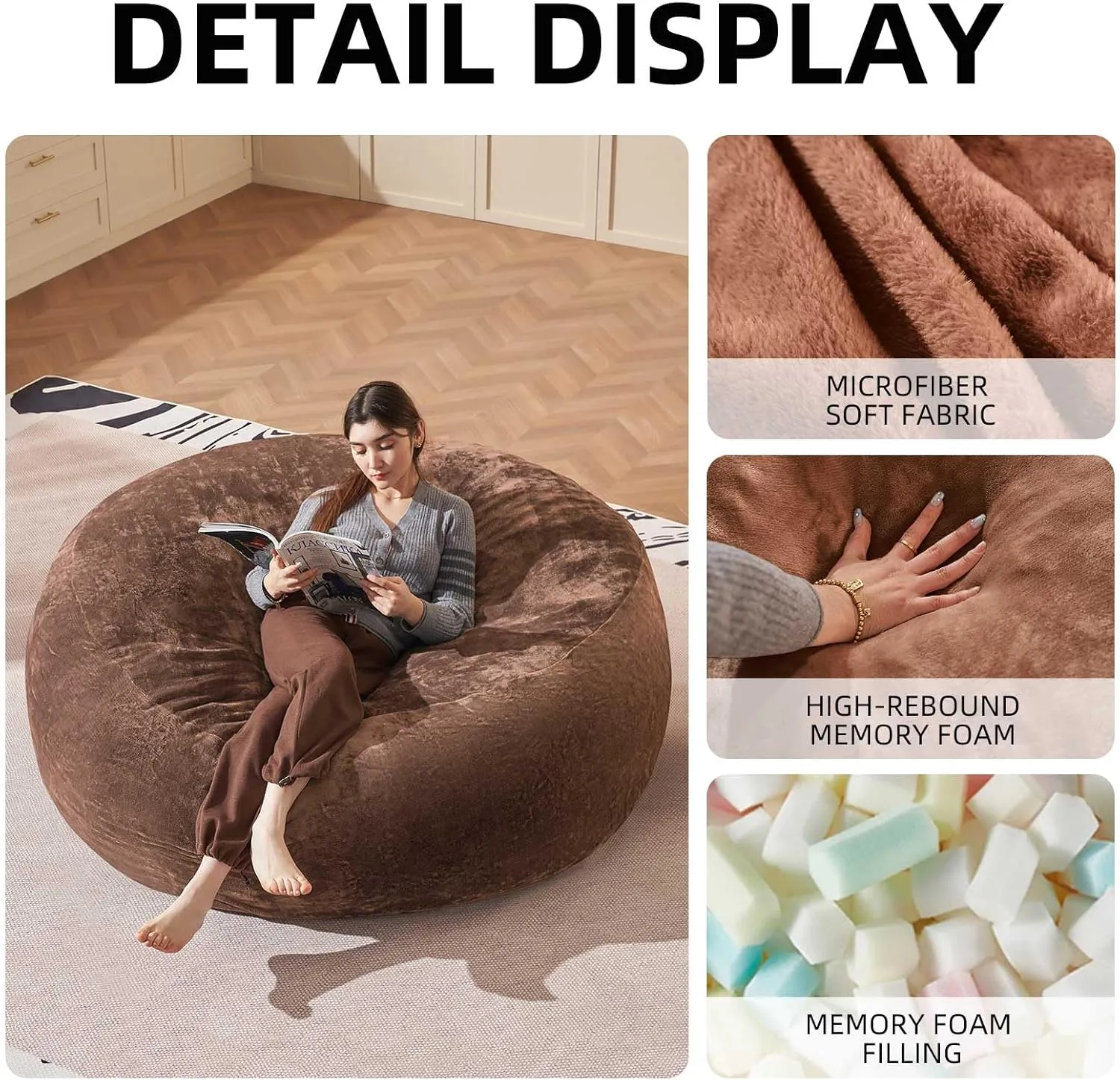 Bean Bag Chair 6Ft, Memory Foam Filled, Large Beanbag Chairs for Adults and Teens, Soft Sofa with Removable Flannel Cover, Round Couch for Living Room Bedroom College Dorm (Coffee, 6FT-67×67"×24")