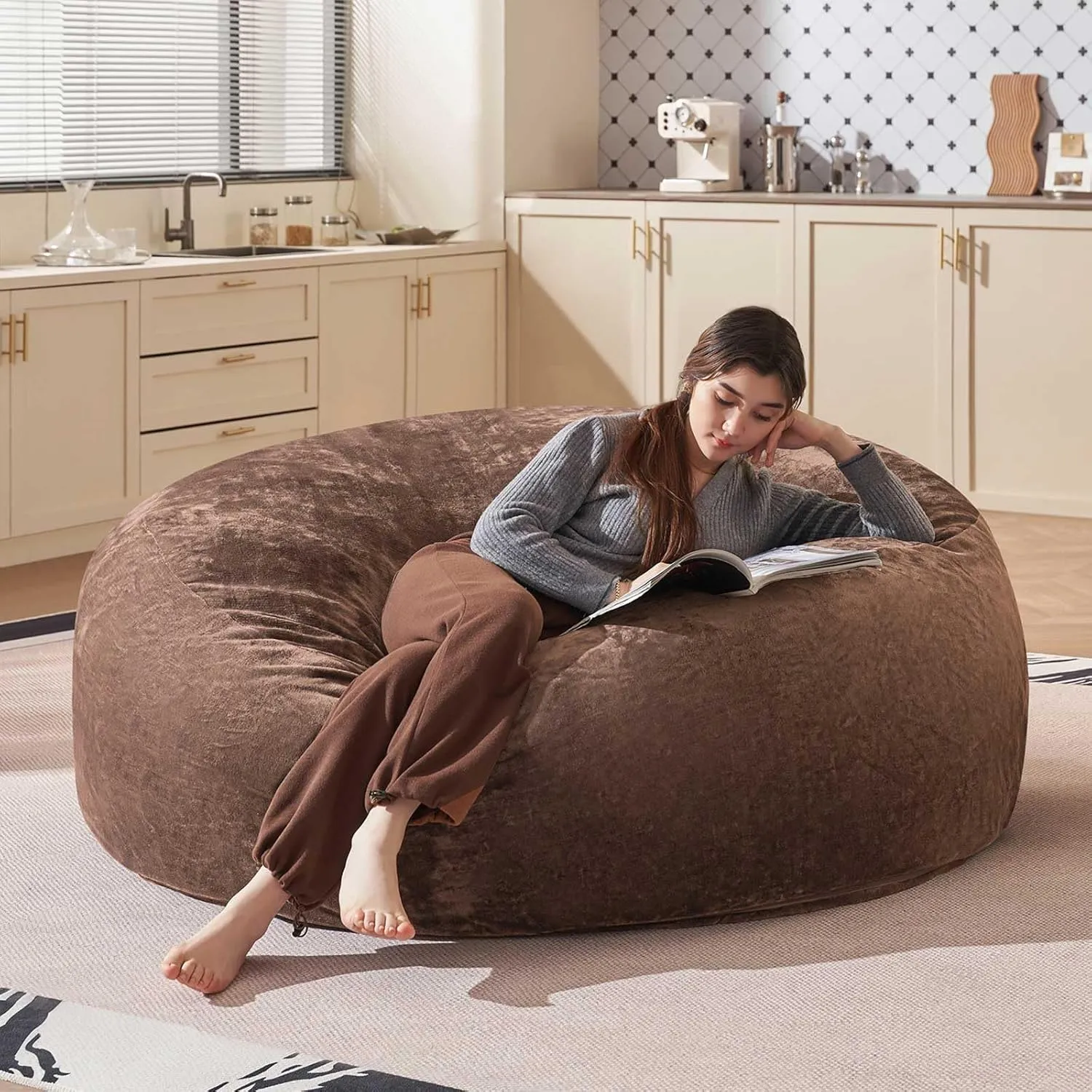 Bean Bag Chair 6Ft, Memory Foam Filled, Large Beanbag Chairs for Adults and Teens, Soft Sofa with Removable Flannel Cover, Round Couch for Living Room Bedroom College Dorm (Coffee, 6FT-67×67"×24")