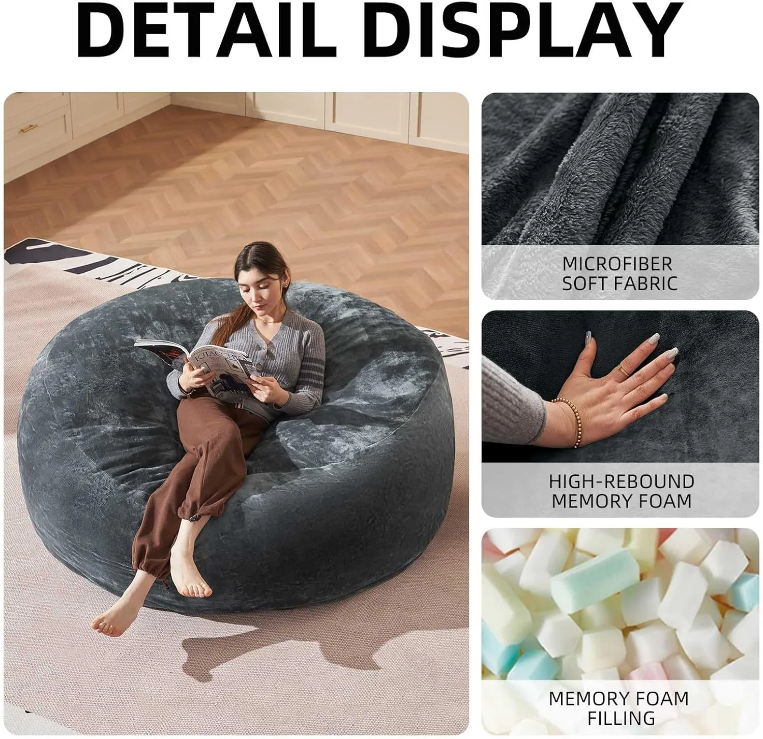 Bean Bag Chair 6Ft, Memory Foam Filled, Large Beanbag Chairs for Adults and Teens, Soft Sofa with Removable Flannel Cover, Round Couch for Living Room Bedroom College Dorm (Dark Gray, 6FT-67×67"×24")
