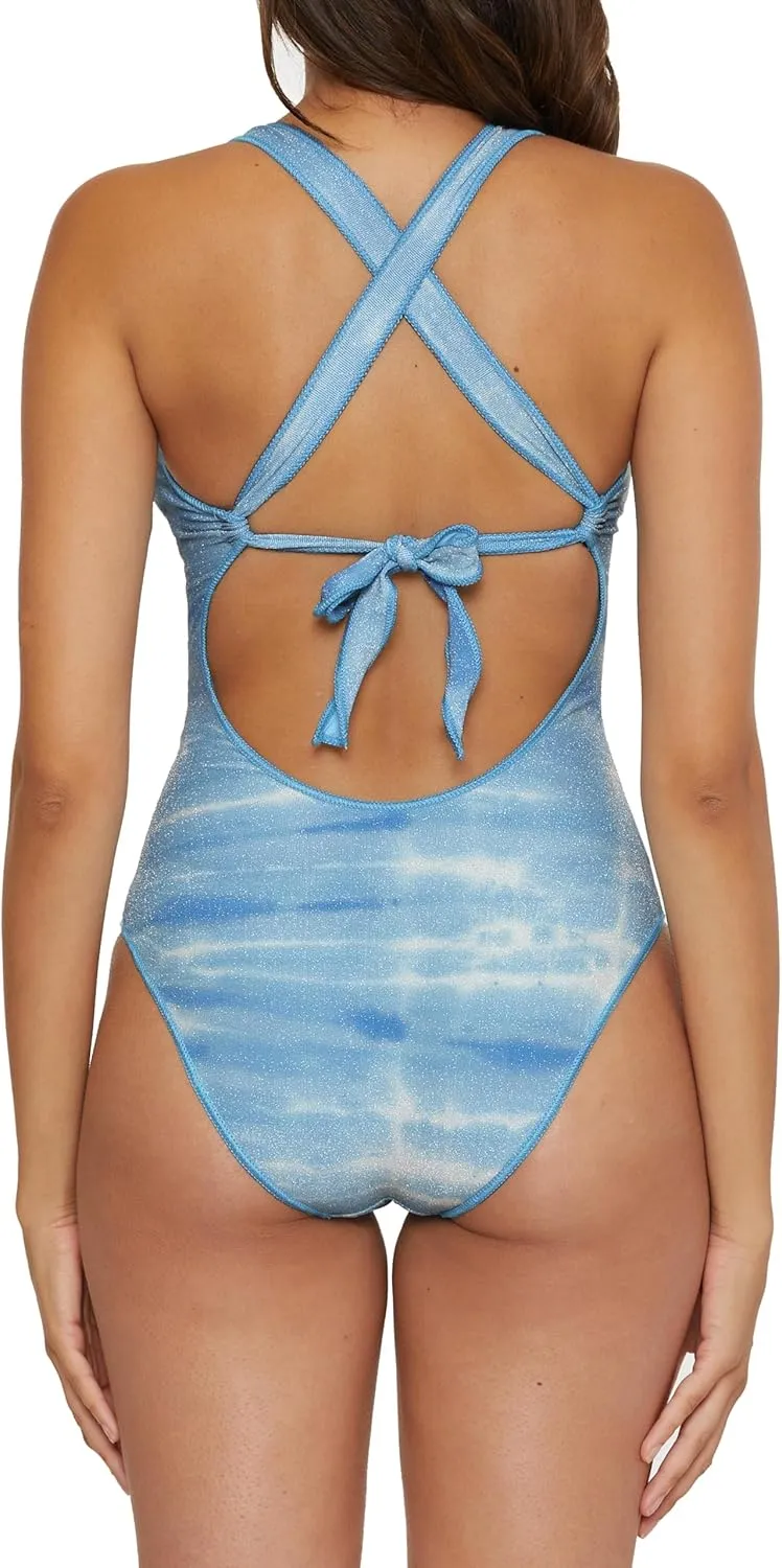 BECCA Women's Washed Away Bandeau Lace-up One Piece Swimsuit, Adjustable, Tie Back, Bathing Suits