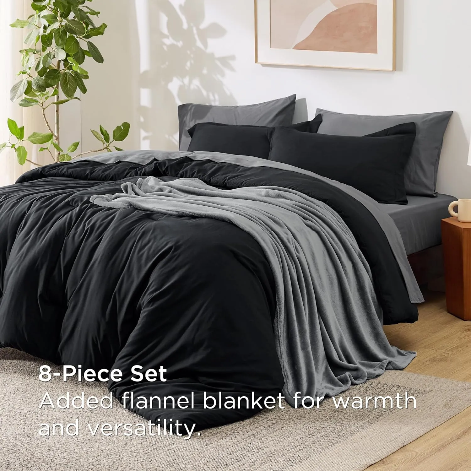 Bedsure Full Comforter Set Black, 8 Pieces Prewashed Full Size Bed in a Bag with Soft Fleece Bed Blanket, Down Alternative Bedding Set for All Seasons, Sheets, Pillowcases & Shams