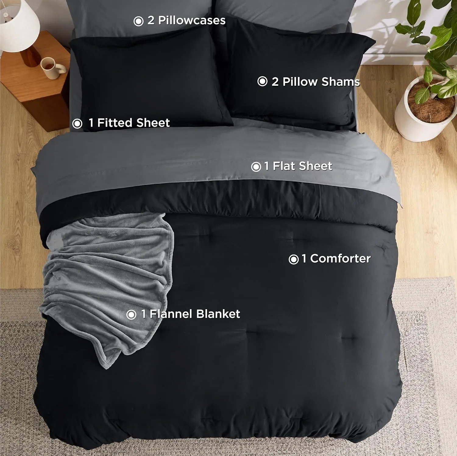 Bedsure Full Comforter Set Black, 8 Pieces Prewashed Full Size Bed in a Bag with Soft Fleece Bed Blanket, Down Alternative Bedding Set for All Seasons, Sheets, Pillowcases & Shams
