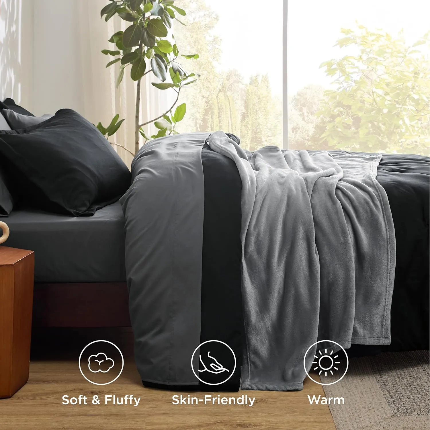 Bedsure Full Comforter Set Black, 8 Pieces Prewashed Full Size Bed in a Bag with Soft Fleece Bed Blanket, Down Alternative Bedding Set for All Seasons, Sheets, Pillowcases & Shams