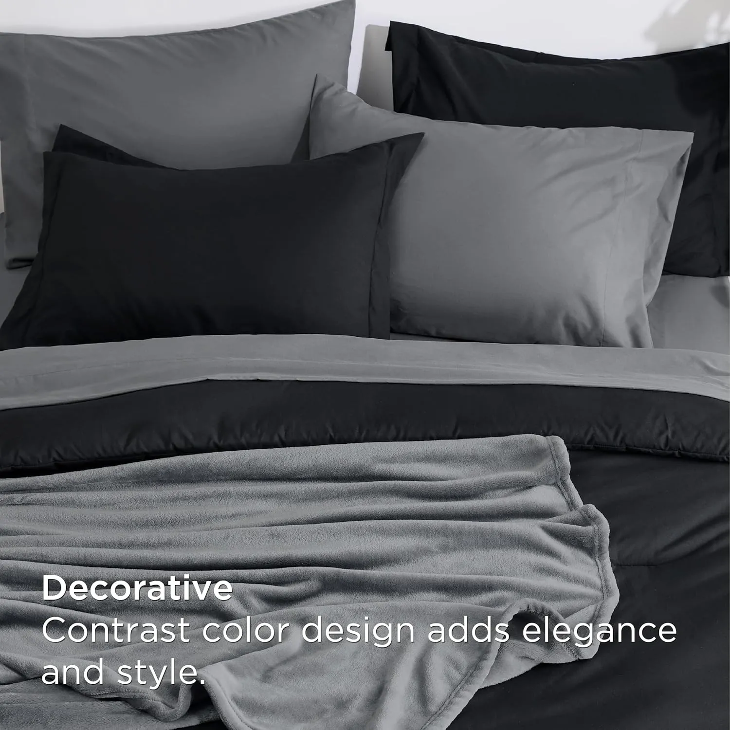 Bedsure Full Comforter Set Black, 8 Pieces Prewashed Full Size Bed in a Bag with Soft Fleece Bed Blanket, Down Alternative Bedding Set for All Seasons, Sheets, Pillowcases & Shams