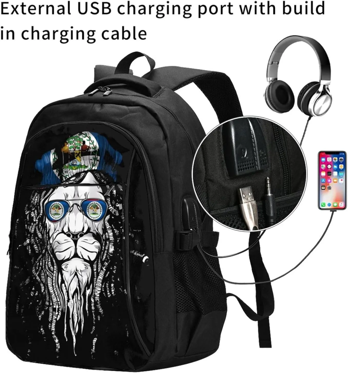 Belize Lion Flagl Travel Backpacks Casual Backpack Large Capacity Laptop Rucksack Luggage Daypacks with USB Charging Port Multi-Pockets Bags for Hiking
