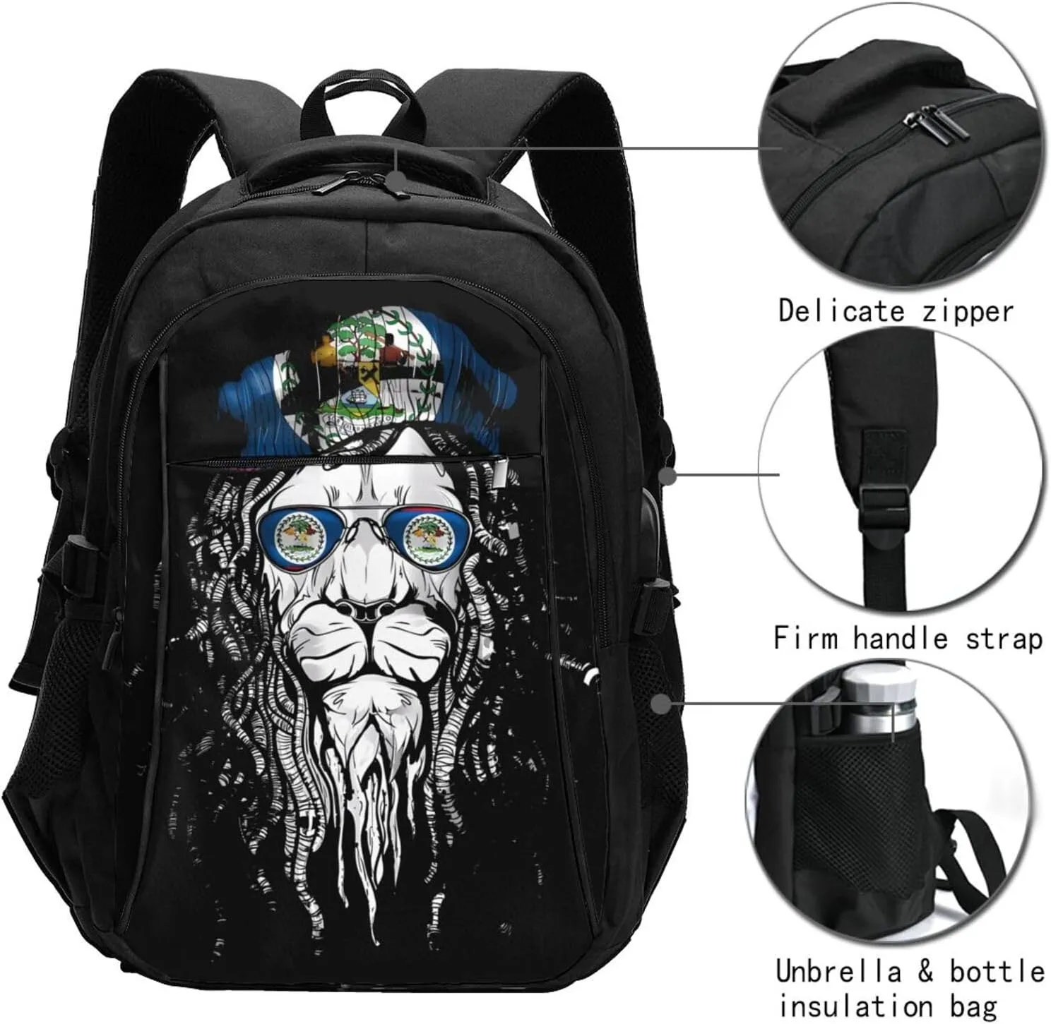 Belize Lion Flagl Travel Backpacks Casual Backpack Large Capacity Laptop Rucksack Luggage Daypacks with USB Charging Port Multi-Pockets Bags for Hiking