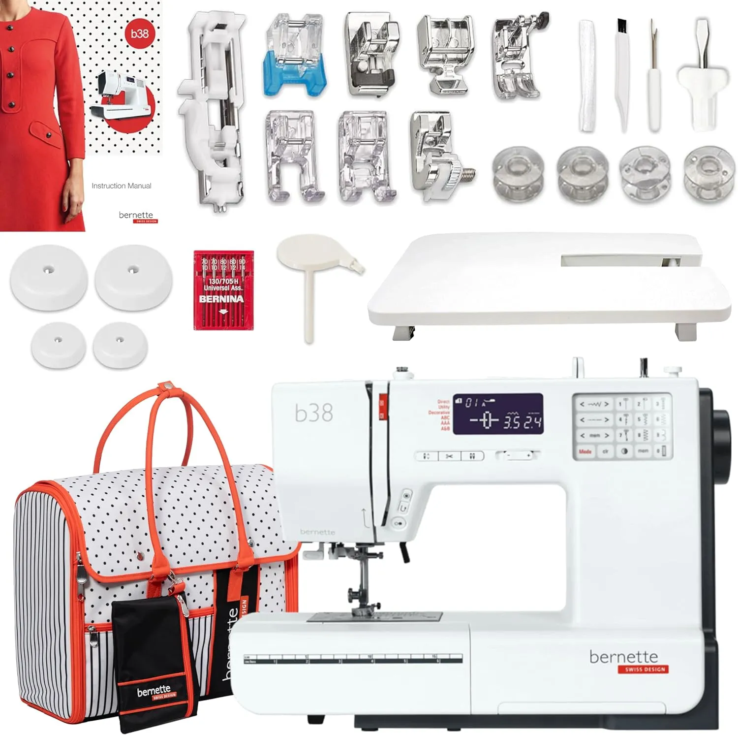 Bernette B38 Computerized Sewing Machine with LCD Display | 394 Stitch Patterns, Auto Needle Threader, LED Light, Extension Table | Includes Presser Feet, Bobbins, Needles, Carrying Bag & More
