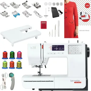 Bernette B38 Computerized Sewing Machine with LCD Display | 394 Stitch Patterns, Auto Needle Threader, LED Light, Extension Table | Presser Feet, Bobbins, Needles, Knee Lifter, Rotary Cutter & More