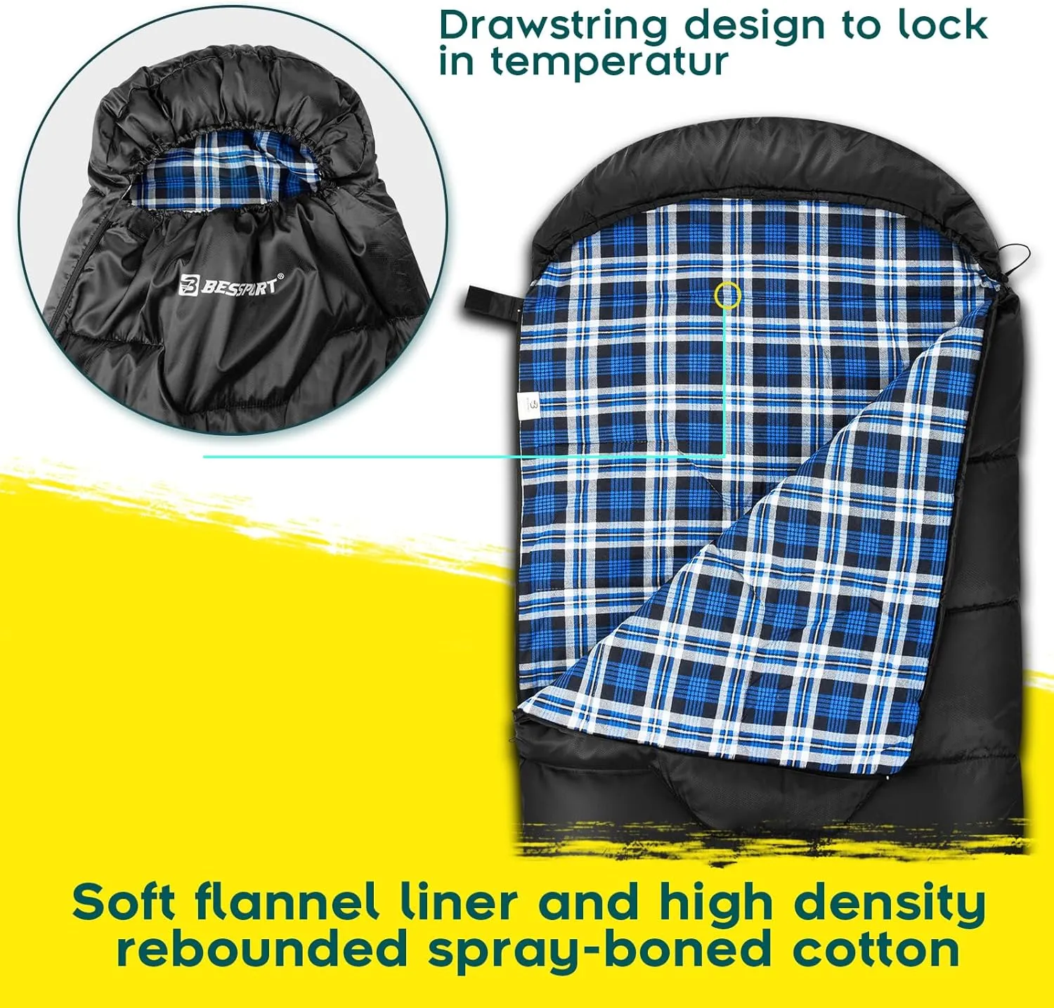 Bessport Sleeping Bag Winter | Flannel Lined 18℉ - 32℉ Extreme 3-4 Season Warm & Cool Weather Adult Sleeping Bags Large | Lightweight, Waterproof for Camping, Backpacking, Hiking