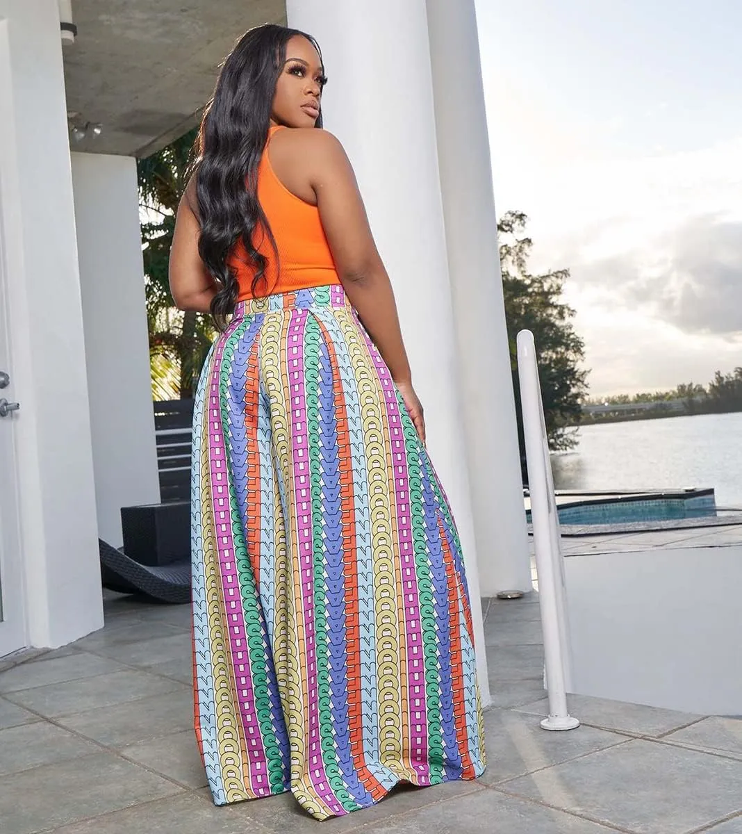 BFFBABY Womens Casual Palazzo Pants High Waist Printed Ruched Loose Flowy Lounge Wide Leg Pants (M-3XL)