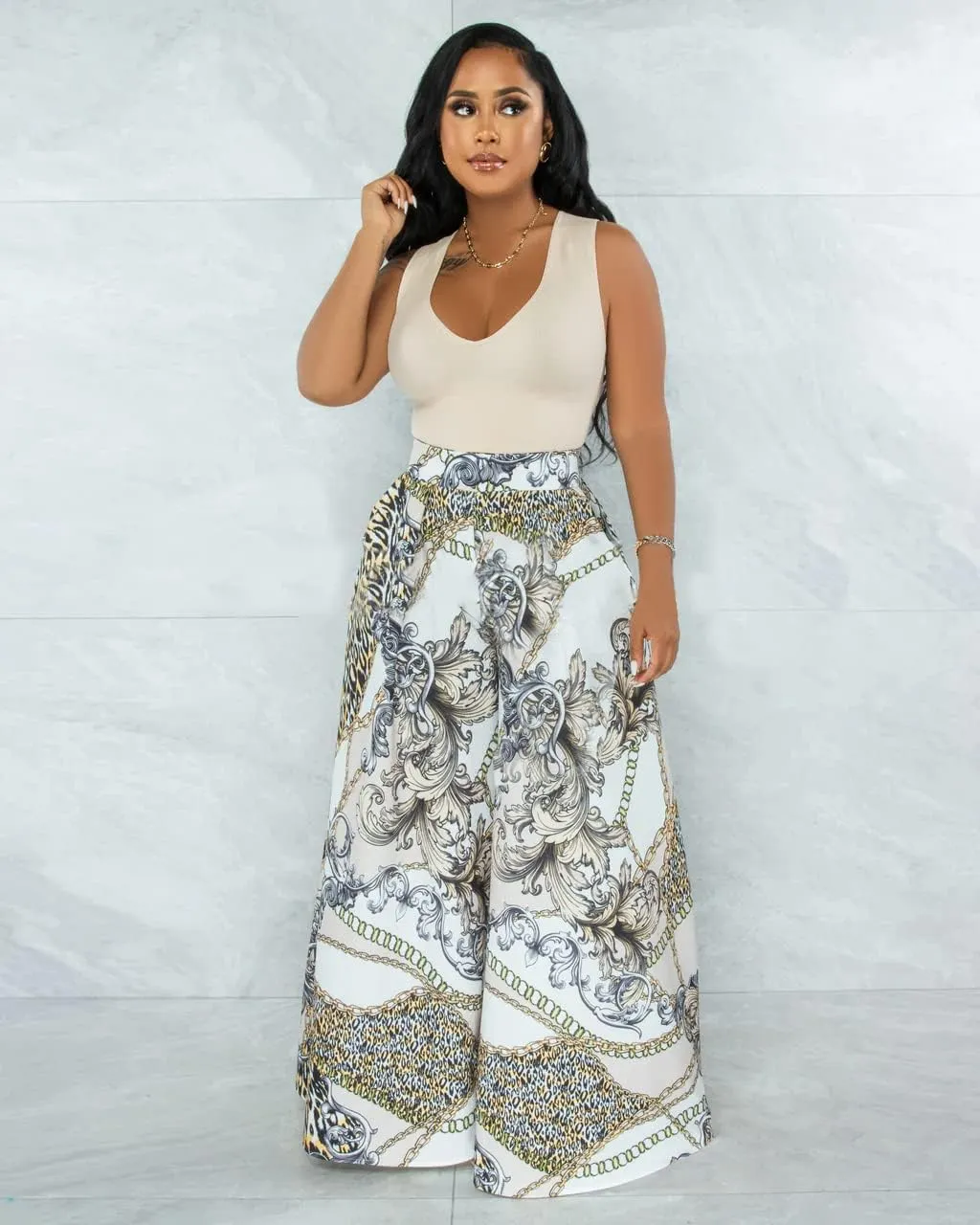 BFFBABY Womens Casual Palazzo Pants High Waist Printed Ruched Loose Flowy Lounge Wide Leg Pants (M-3XL)