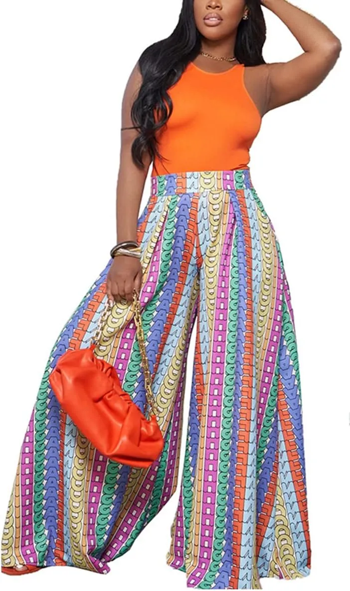 BFFBABY Womens Casual Palazzo Pants High Waist Printed Ruched Loose Flowy Lounge Wide Leg Pants (M-3XL)