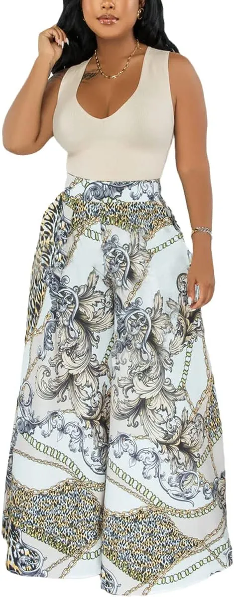 BFFBABY Womens Casual Palazzo Pants High Waist Printed Ruched Loose Flowy Lounge Wide Leg Pants (M-3XL)