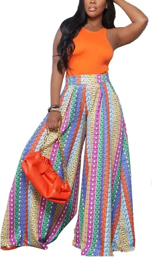 BFFBABY Womens Casual Palazzo Pants High Waist Printed Ruched Loose Flowy Lounge Wide Leg Pants (M-3XL)